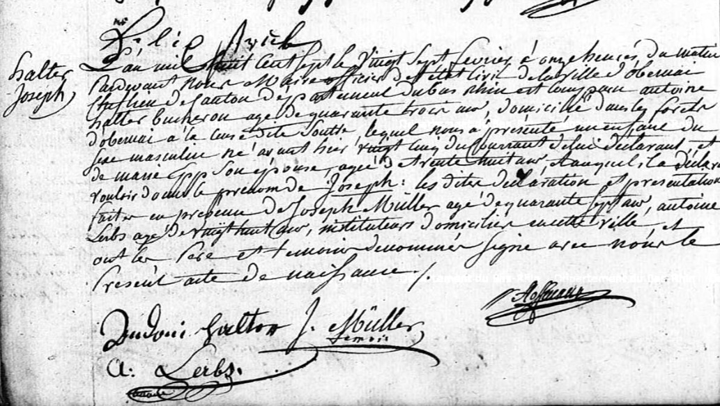 Acte de naissance d'Halter Joseph né le 25 février 1807 dans les forêts d'Obernai.