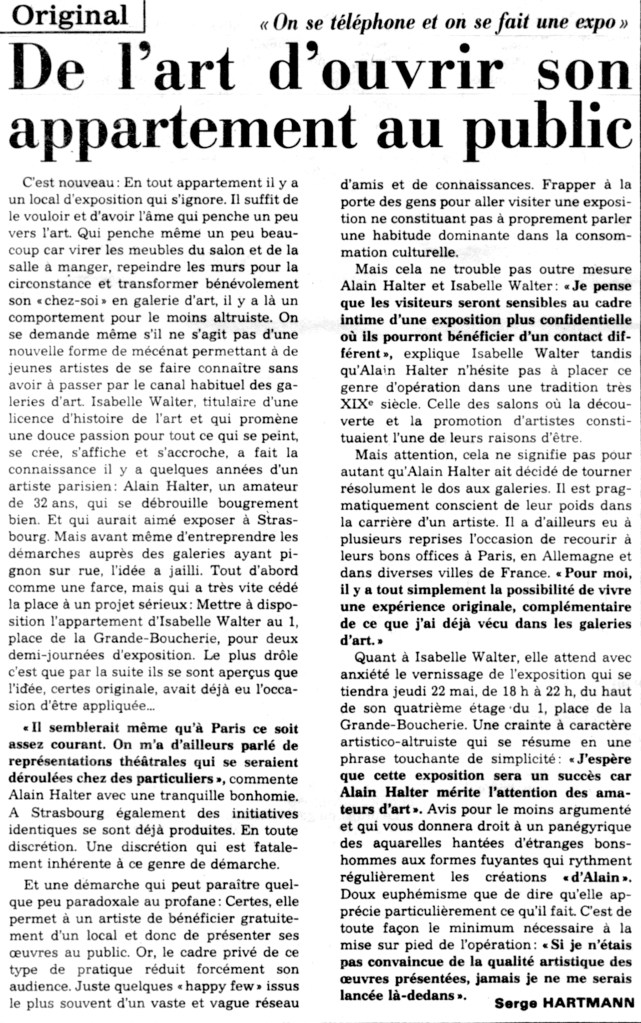 Article de presse, Expo en appartement à Strasbourg, mai 1986