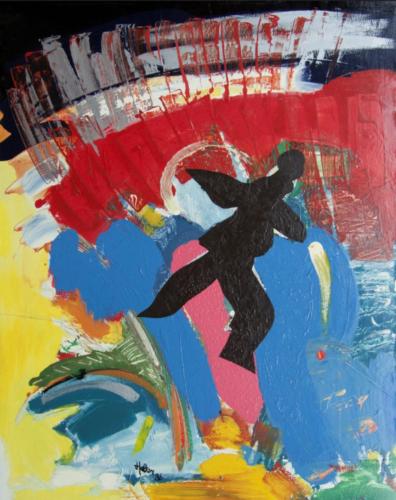 Bonhomme noir avançant sur fond abstrait très coloré