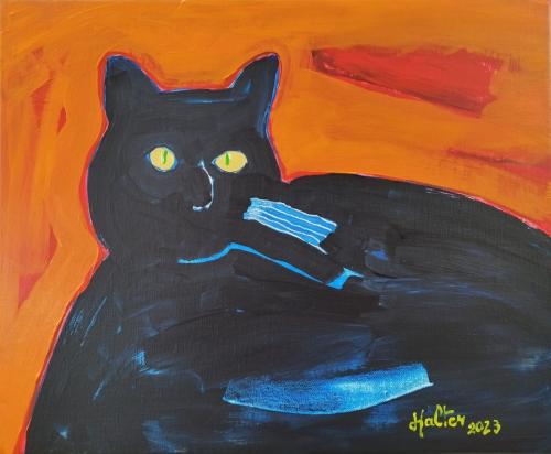 Chat noir sur fond orange