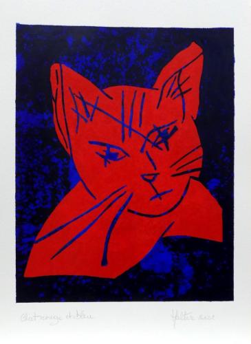CHAT ROUGE ET BLEU ACRYLIQUE