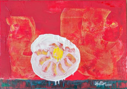 FLEUR BLANCHE SUR FOND ROUGE