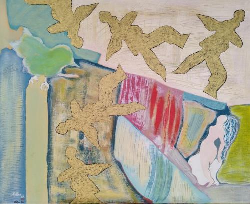 Ribambelle de cinq bonhommes autour d'un nu debout