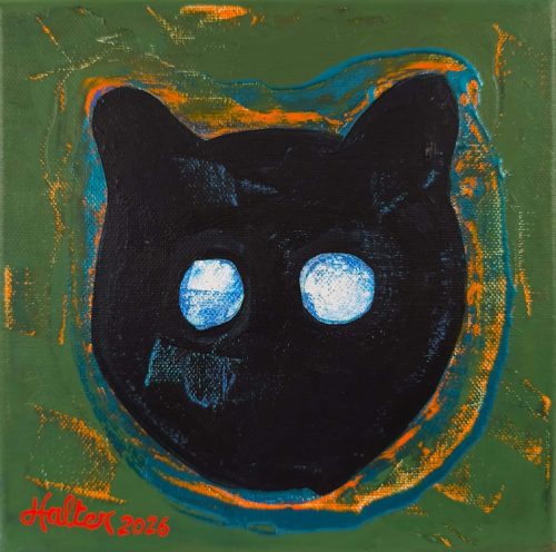 TETE DE CHAT NOIR AUX YEUX DE VERRE