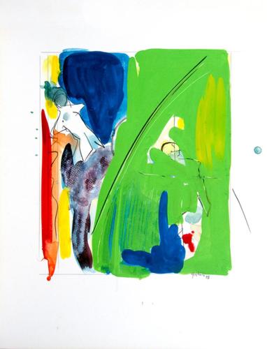 Gouache de deux bonhomme au vert plongés dans des espaces de couleurs vives